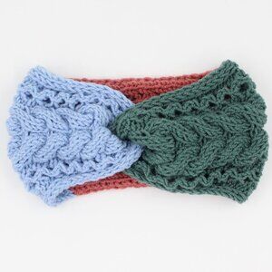 Handmade Hand Knit Superwash Merino Blue Green Pink Cable Knit Ear Warmer